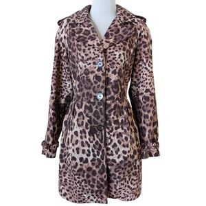 Vintage Dennis Basso Leopard Print Collared Longline Trench Coat Size Small